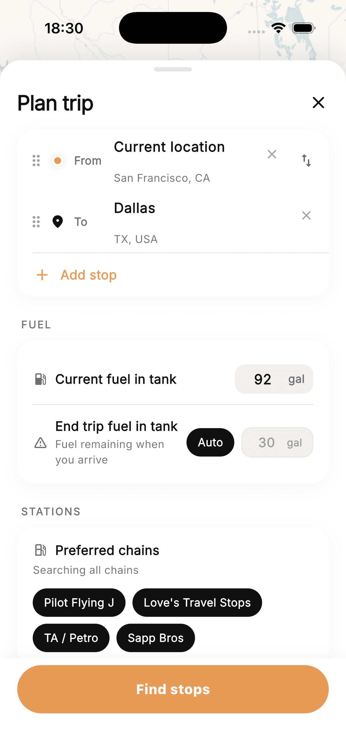 The Fuel Agent — Plan trip form with origin, destination and fuel settings